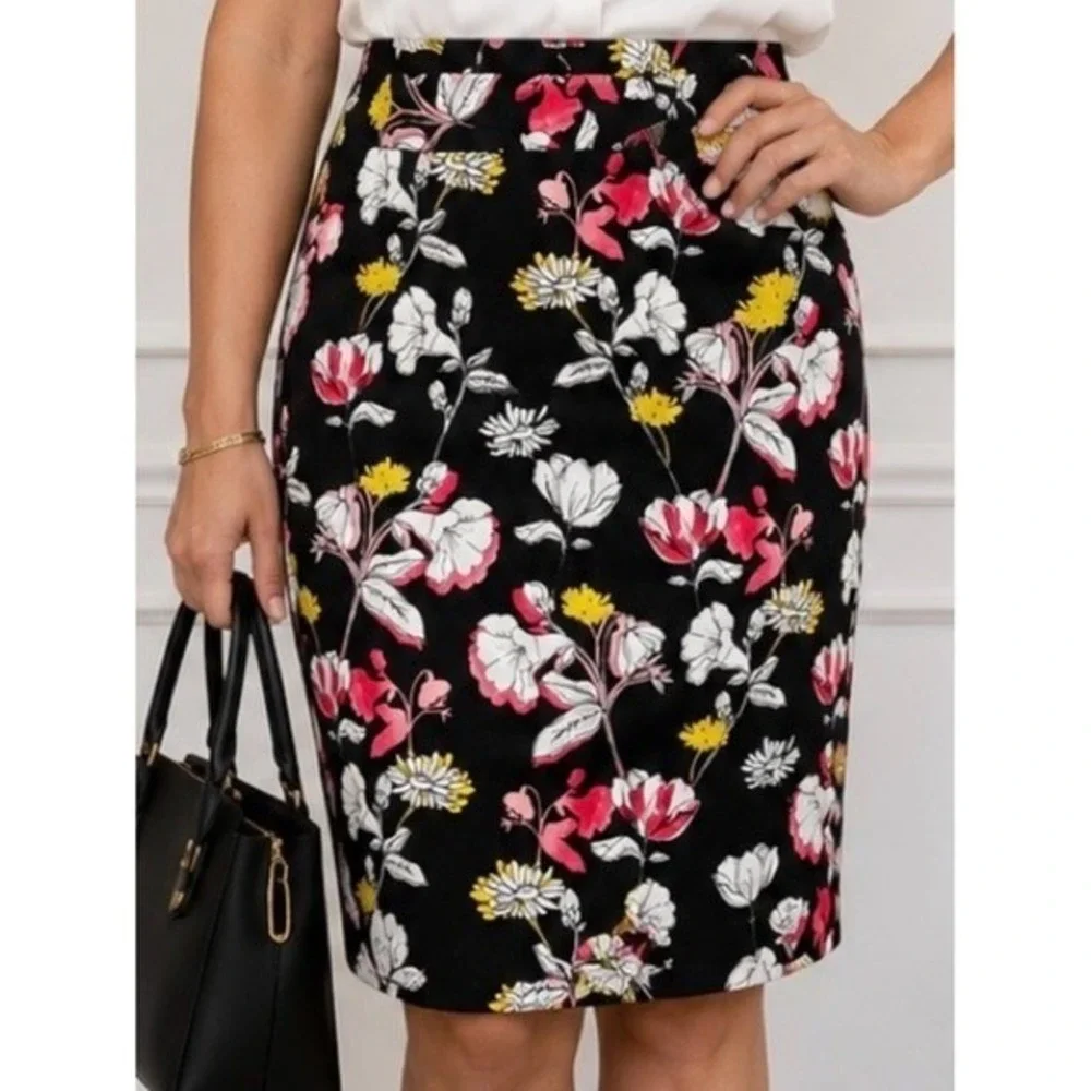 Liz Claiborne Floral Pencil Skirt Size 12 Black Pink Yellow Lined Stretch Cotton